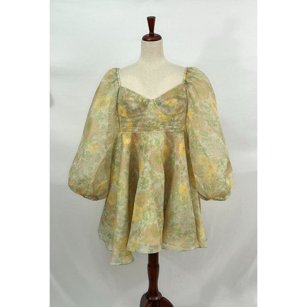 Selkie Pale Yellow & Mint Green Retro Floral Puff-Sleeve Mini Dress - Picture 9 of 12